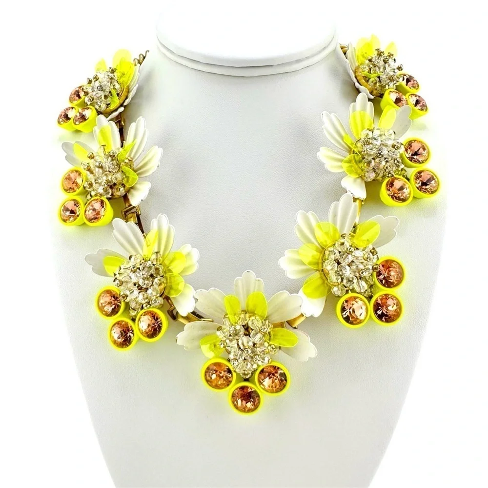 J. Crew RARE Brulee Yellow White Enamel Flower Petal Statement Necklace